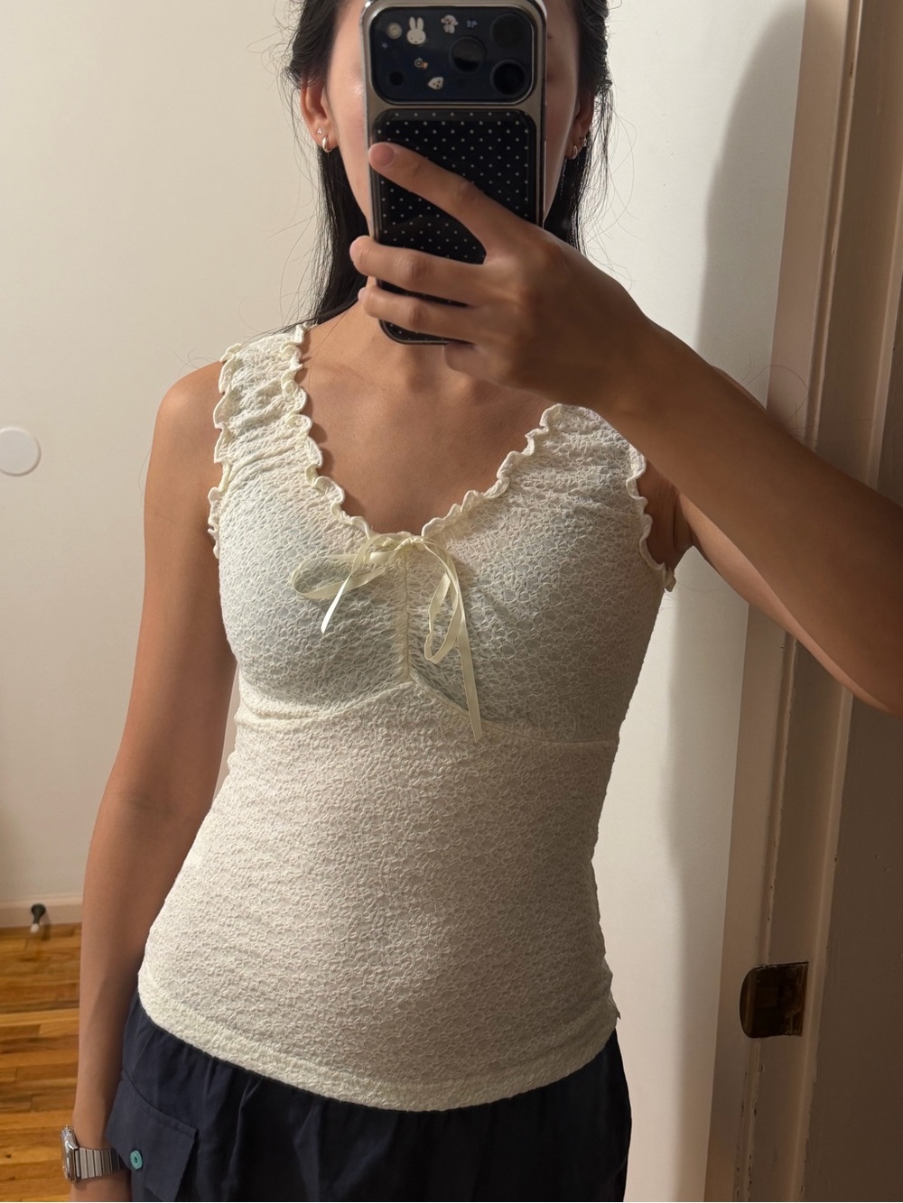 Brandy Melville Cream Lace-Trim Tank with Bow